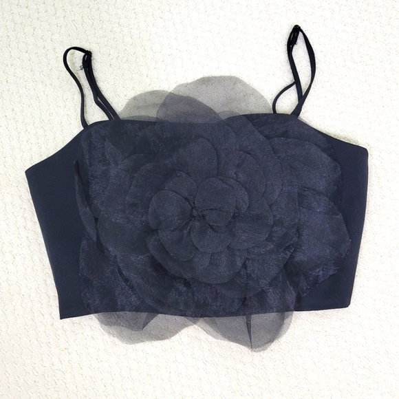 Rachel Zoe Black Oversized Flower Organza Crop Top Adj Straps Dress Event Med - Picture 2 of 13